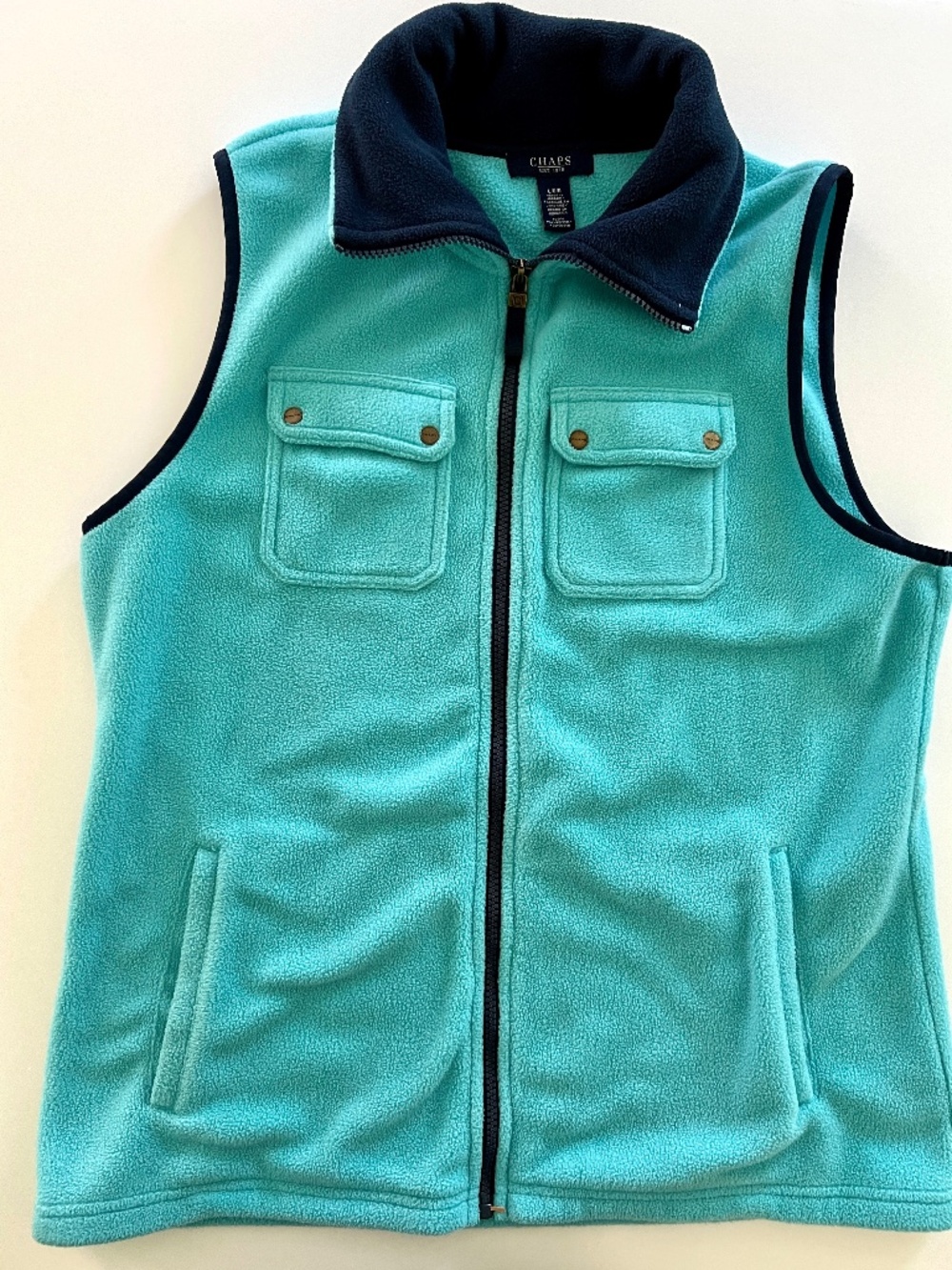 Chaps Fleece Vest Large Turquoise Blue Full Zip Pockets Unlined Soft Comfort